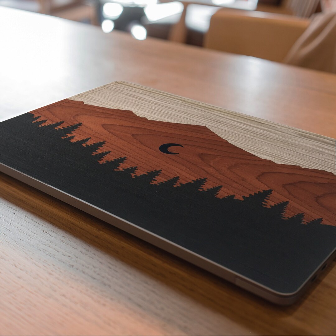 Real Wood MacBook Cover: Mountain Forest Landscape, Moon Logo - Etsy