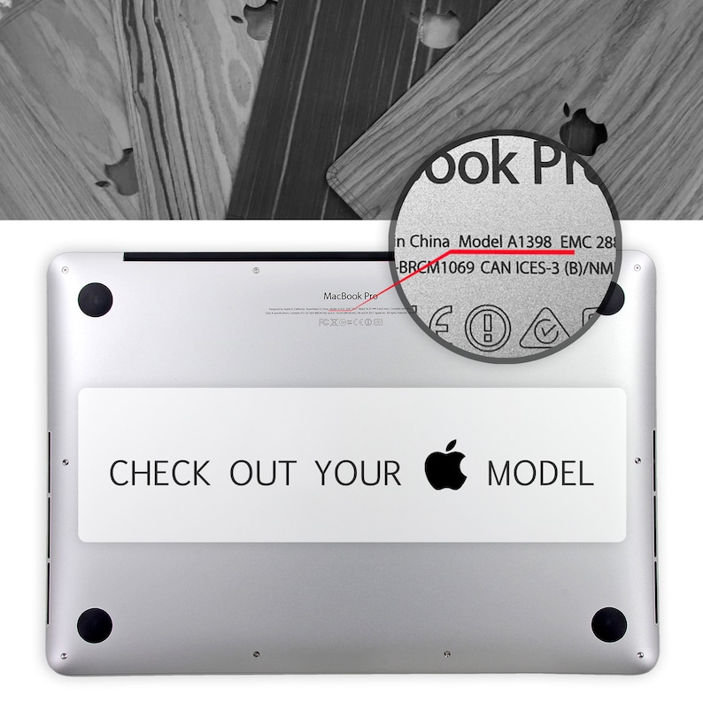 May include: The bottom of a silver MacBook Pro laptop with the text "CHECK OUT YOUR MODEL" and an Apple logo. The model number, A1398, and EMC number, 288, are visible on the sticker.