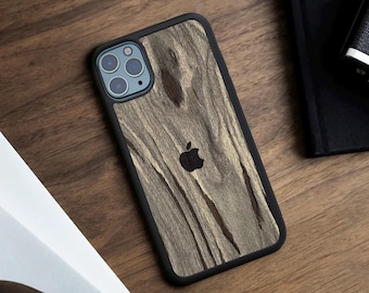 Grey Wood iPhone Case: Protective Black Silicone, Wireless Charging