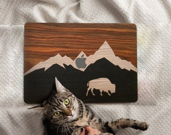 Wooden Macbook Skin: Landscape Mountains Bison Design