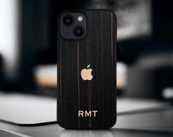 Dark Ebony Wood unique iPhone case natural wood + black silicon case + custom initials iPhone 16 15 14 13 12 11 X mini pro max plus