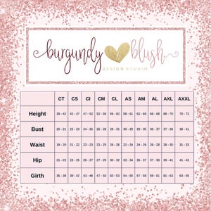 May include: A size chart with measurements for height, bust, waist, hip, and girth. The chart is set against a pink glitter background. The text "burgundy blush DESIGN STUDIO" is at the top.