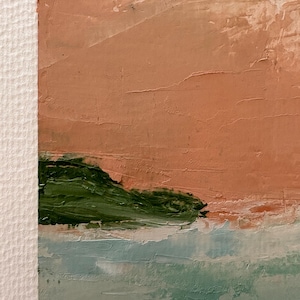 Paesaggio marino astratto con tramonto sull'isola, dipinto a mano originale, olio su carta, unico nel suo genere, dall'artista