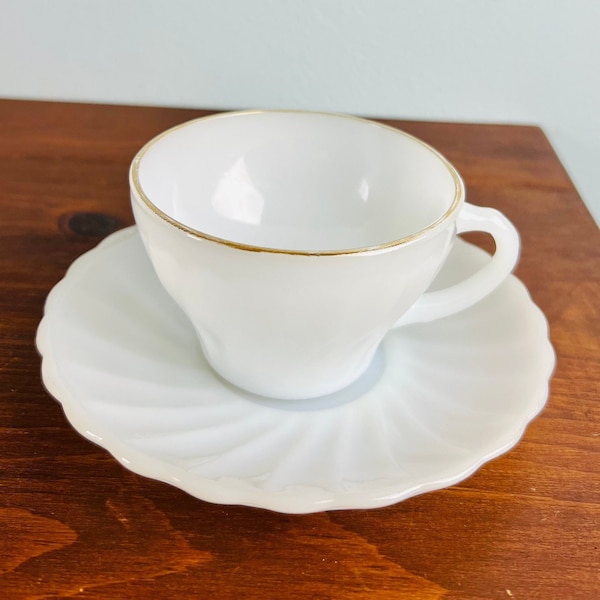 Vintage Anchor Hocking Tea Cup, Milk Glass Suburbia Teacup with Gold Rim, paired with Fire King swirl saucer