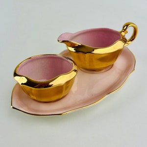Vintage (1930s) Royal Winton Grimwades creamer, sugar bowl and tray, pink and gold, for tea set,  Hollywood Regency decor, gift