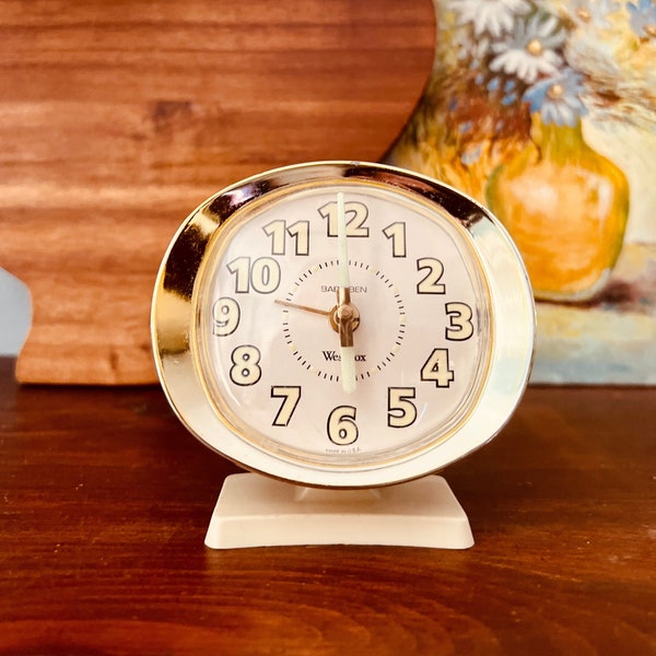 Vintage Westclox Baby Ben Alarm Clock, white and black, mcm alarm clock, made in Canada