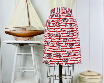 1960s Nautical Apron, Red and White Stripe, Ship in a Bottle Print