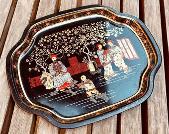 Vintage Black Enamel Tray, with Chinese Painting by The Metal Tray Mfg Co, 12” metal, Made in England, for serving, Asian decor, gift