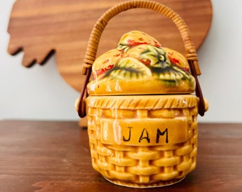Pot à confiture Giftcraft vintage en céramique, poignée en osier, couvercle fraise