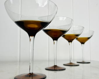 Set of 4 Pier 1 Elemental Martini Glasses, Amber Bowl and Foot, Clear Stem, 7" tall, Holds 6 fl. oz, collectible gift idea