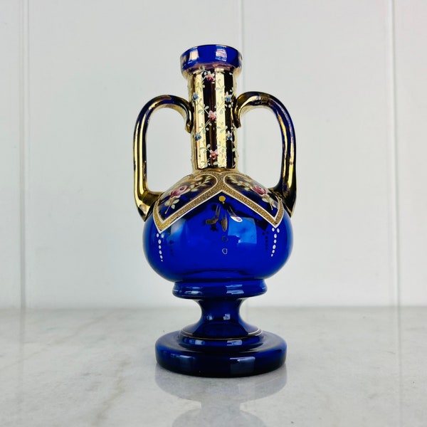 Vintage Venetian Gilded Cobalt Blue Glass Two Handled Urn Cobalt, hand painted with 24 karat gold, gift, collectible