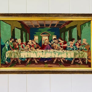 Large Vintage Needlepoint, Last Supper (Leonardo da Vinci) with gold wood frame, Hand crafted, Penelope S355, Religious, Roman, folk art