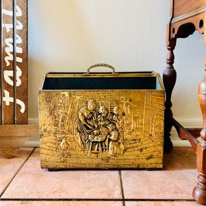 Vintage Lombard Brass Magazine Rack, Embossed Repousse Magazine or Newspaper Holder, Double Compartment, Family at Hearth, Made in England