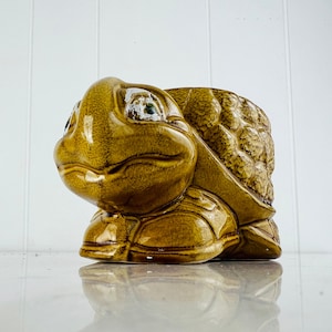 May include: A ceramic turtle planter in a warm, earthy brown glaze. The turtle has a detailed shell, expressive eyes, and a smiling face. This decorative planter is suitable for small plants or succulents.