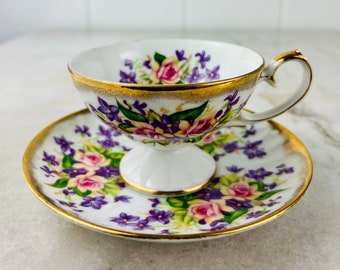 Vintage Shafford Bone China Teetasse, handdekoriert, lila Veilchen und Teerosen, hergestellt in Japan, Sammlerstück, Geschenk für sie