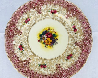 Assiette à dîner florale vintage Royal Worcester Ruby Red Gold, motif Z277, bouquet de roses, bord cannelé, assiette à gâteau, remplacement, cadeau