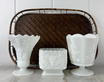 Vintage Milk Glass Planter, Grape Pattern, Napco Farmhouse Decor