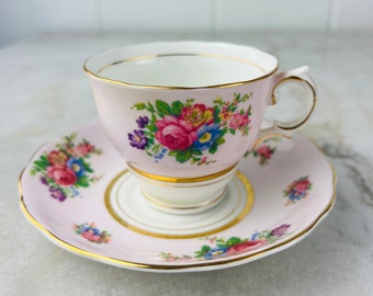 Antique 1940s Colclough Bone China Teacup and Saucer, floral teacup, pink and gold, Made in England, collectible, gift for tea lover