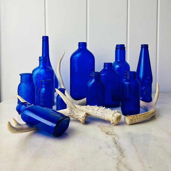 Vintage Cobalt Blue Glass Medicine, Beer and perfume bottles; 12 - sold individually, create your own collectible glass collection