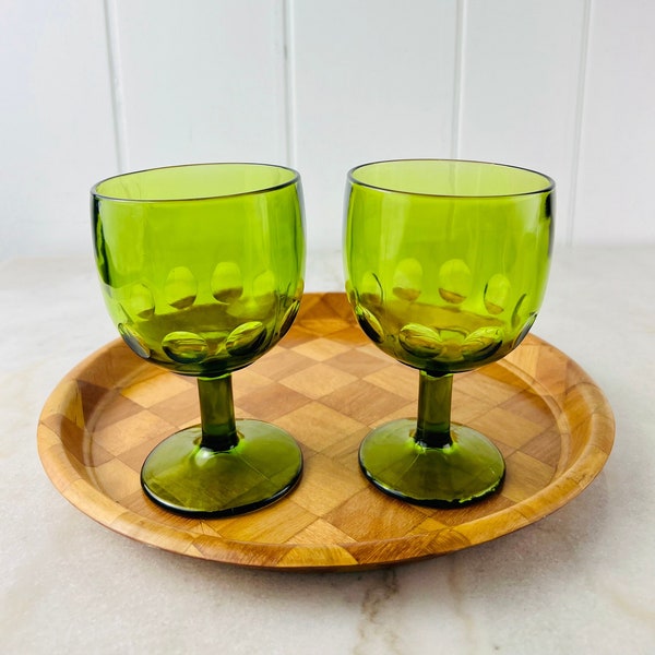 2 x Vintage Bartlett Collins Goblets, thumbprint glass, Avocado Green, Stemmed, Beer Schooner, Wine Glasses, Wedding Housewarming Gift