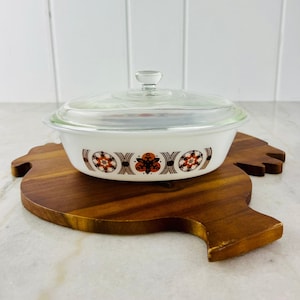 Vintage Glasbake Oval Casserole with Lid, 1 Qt. 1960s Jeannette, milk glass, brown orange geometric, mid century decor, collectible, gift