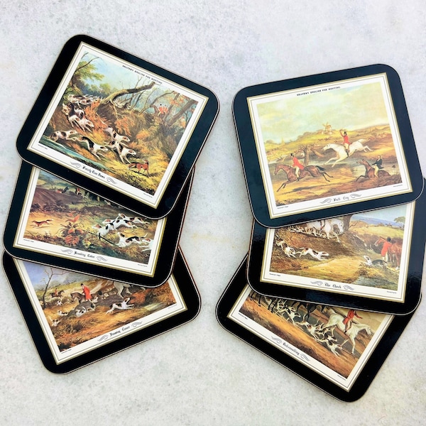 vintage Shyer's English Fox Hunting Cork Coasters in Box, Set of 6, Jason Products, Made in New Zealand, English country decor