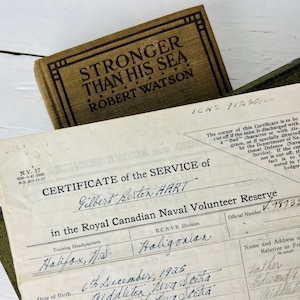 Antique WWII Certificate of Service, Royal Canadian Naval Volunteer Reserve, 1940, Gilbert Berton Hart, military souvenir, memorabilia, rare