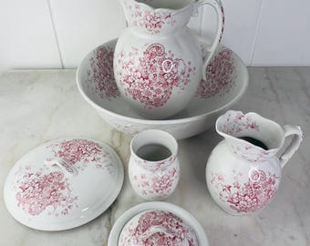 Rare! Victorian Chamber Set by J.H.W. & Sons Durability “Cannes” Pink Floral Transferware, made in England - 6 pieces, buy 1 piece or set