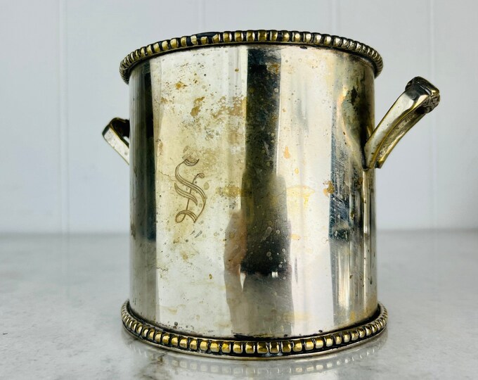 Vintage Tarnished Silverplate Ice Bucket Etched S, Champagne Bucket
