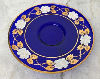 Vintage Blue Art Glass Bowl, 12" Art Deco Cobalt Blue with Gold Overlay, hand decorated Bohemia Glass, for mid century decor, gift