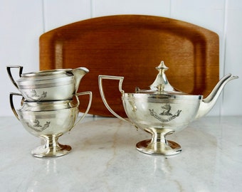 Vintage Forbes Silver Co. Tea Set, Art Deco, Engraved Latin Motto