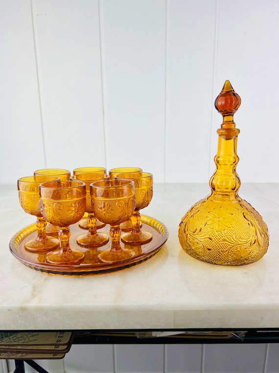 Vintage Indiana Tiara Amber Glass Decanter Set, 8 Wine Glasses - Etsy