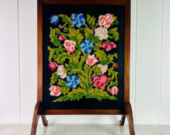 Antique Neo Baroque Fireplace Screen: Hand-Carved Walnut, Floral Needlepoint
