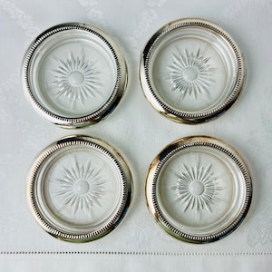 Vintage Silverplate Glass Coasters, set of 4, made in Italy, Pressed glass starburst base, Art Deco, bar decor, Wedding decor, vintage gift