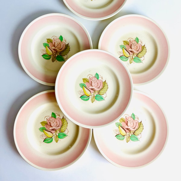 Susie Cooper Patricia Rose Pink Plate Set of 6, by Crown Works Pottery China, 8" for luncheon, elegant decor, Made in Burslem, England, 1939