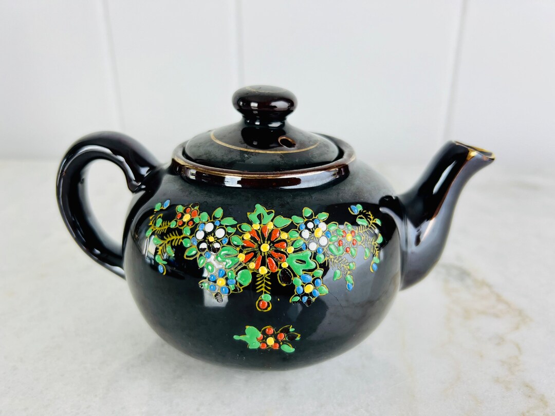 Vintage Moriage Teapot, Rockingham Brown Glaze, Hand Painted, Made in