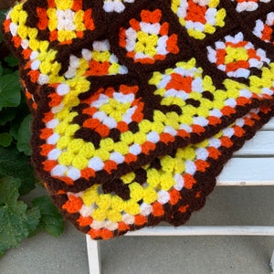 Vintage Crochet Blanket, hand made classic block pattern 60s-70s aesthetic: brown, orange, yellow and white, hockey blanket, decor, gift