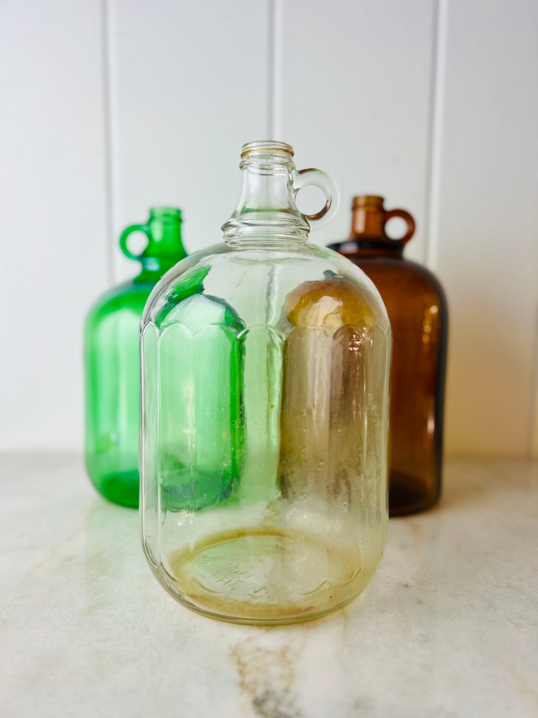 Antique 1895 1910 Clear Glass Finger Loop Gallon Bottle, Dominion Glass