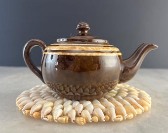 Vintage Brown Betty Teapot, Striped Dappled Glaze, 1.5 Cup, English Redware