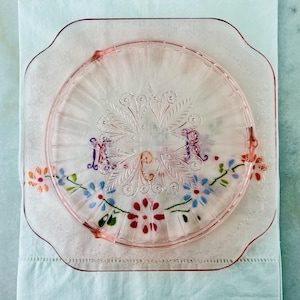 Antique 1934 Jeannette Glass Cake Plate, Adam pattern, pressed glass, three footed platter, pink Depression Glass, collectible, gift