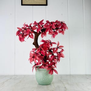 May include: A decorative bonsai tree with vibrant pink leaves and a brown trunk. The tree is potted in a light green ceramic pot with a detailed floral design. The pot sits on a marble surface.