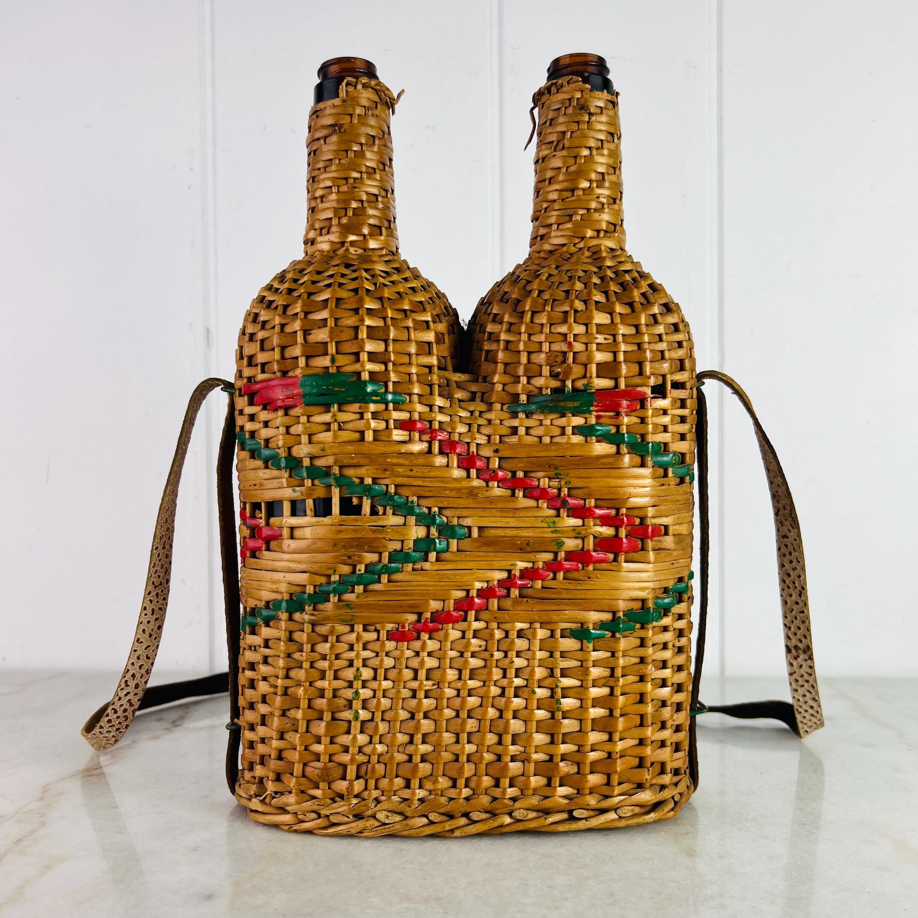 Vintage 1940s Wicker Wine Double Bottle Carrier, Brown Bottles