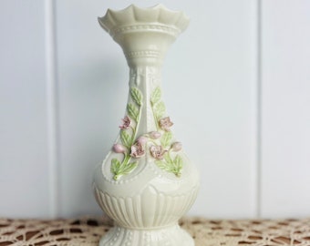 Vintage Belleek Tower Vase, Cherry Blossom Round, 1990s blue mark Irish China, made in County Fermanagh, for centrepiece, wedding gift