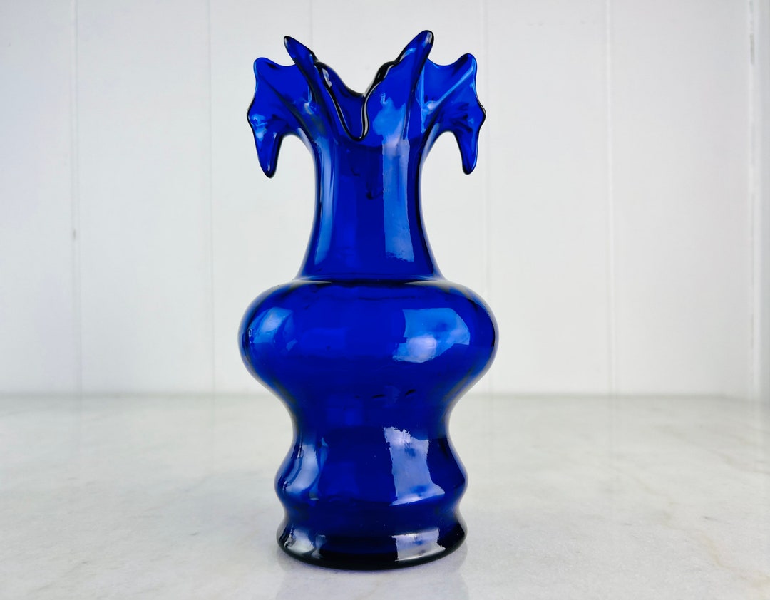 Vintage Cobalt Blue Art Glass Vase Ruffled Top Scalloped Etsy