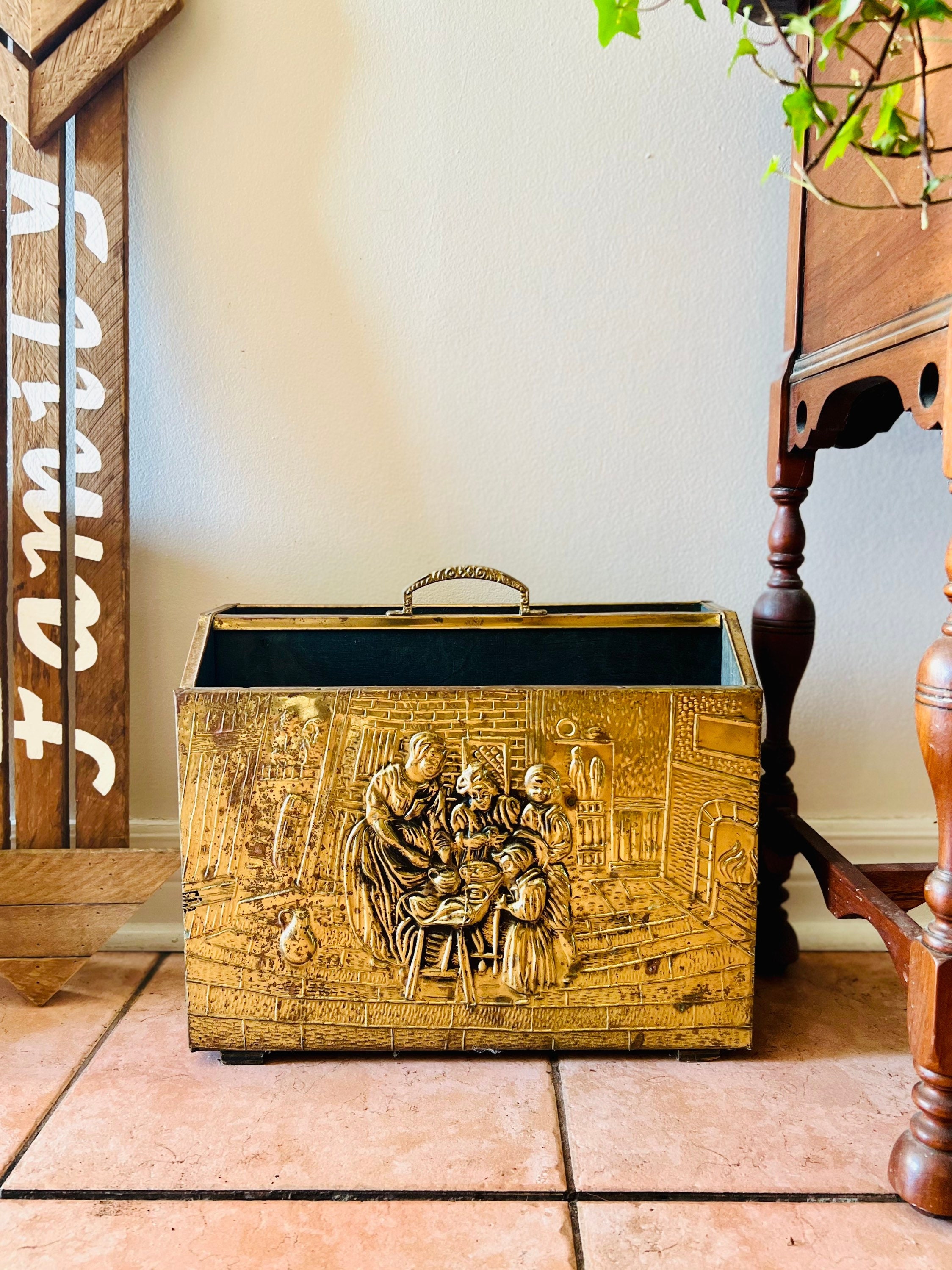 Vintage Lombard Brass Magazine Rack, Embossed Repousse Magazine or