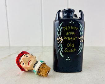 Vintage Hand Decorated Novelty Whiskey Decanter, Scotsman stopper ‘Never Drink Water Old Scotch’ by Ries, Ceramic Flask, Made in Japan, Gift