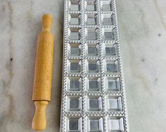 Vintage Raviolamp Ravioli Maker Tray with Rolling Pin – Made in Italy Aluminum Pasta Mould
