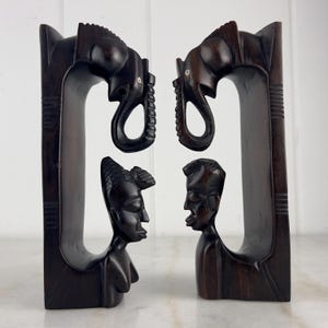 Vintage Ebony Wood Sculptures, Hand Carved, Man, Woman and Elephants, African Art, for vintage home decor, collectible, shelf decor, gift