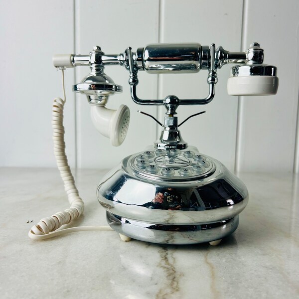 Rare Vintage Royal Albert Princess Telephone, Emerson E1000, rotary desktop phone, Chrome look, Hollywood Regency style, home decor, gift