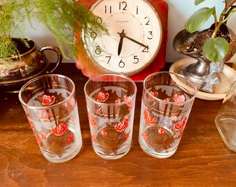 Retro Red Rose Glass set of 3, clear glass with gold trim, mid century floral